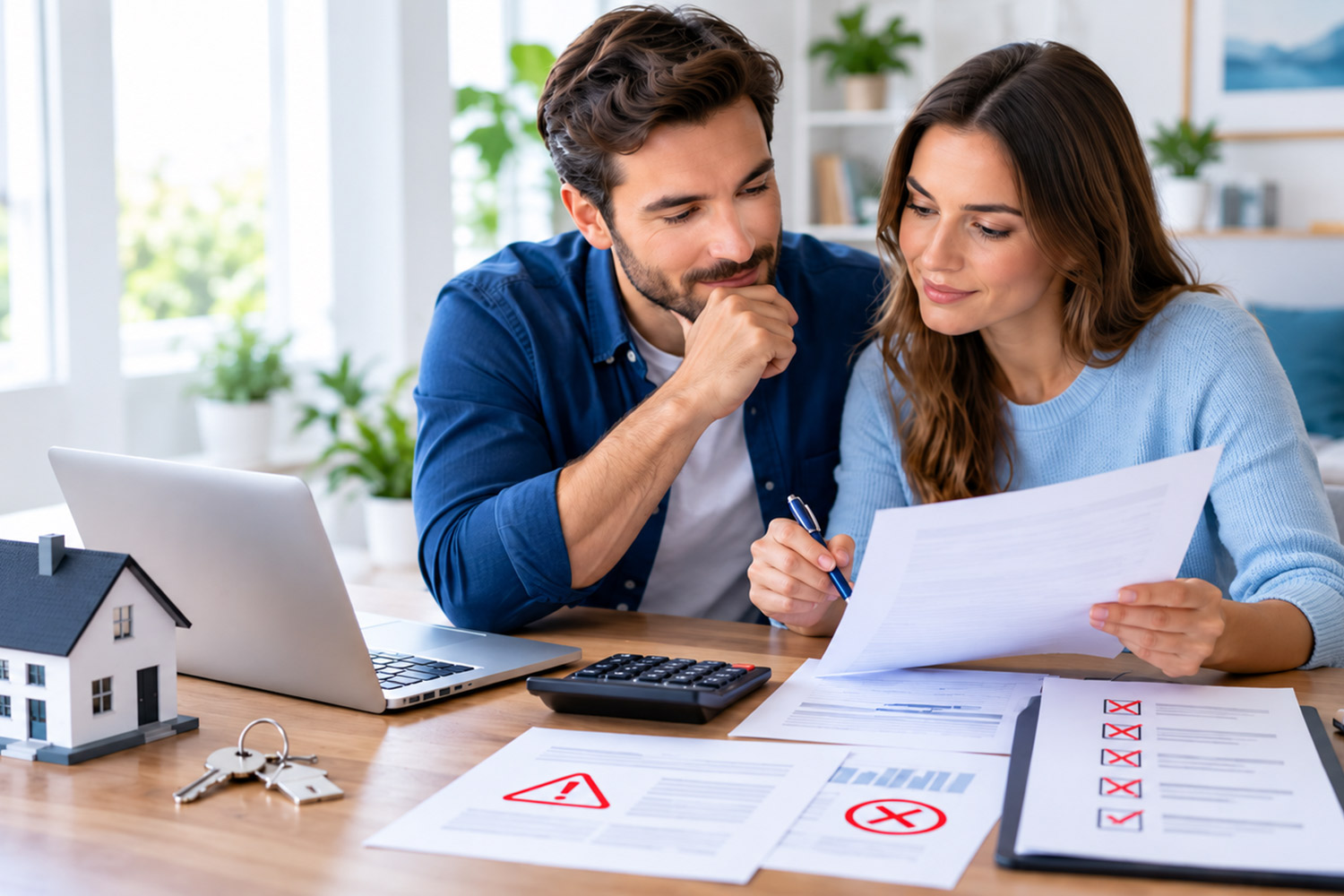 Pareja revisando documentación financiera para evitar errores comunes al solicitar una hipoteca.