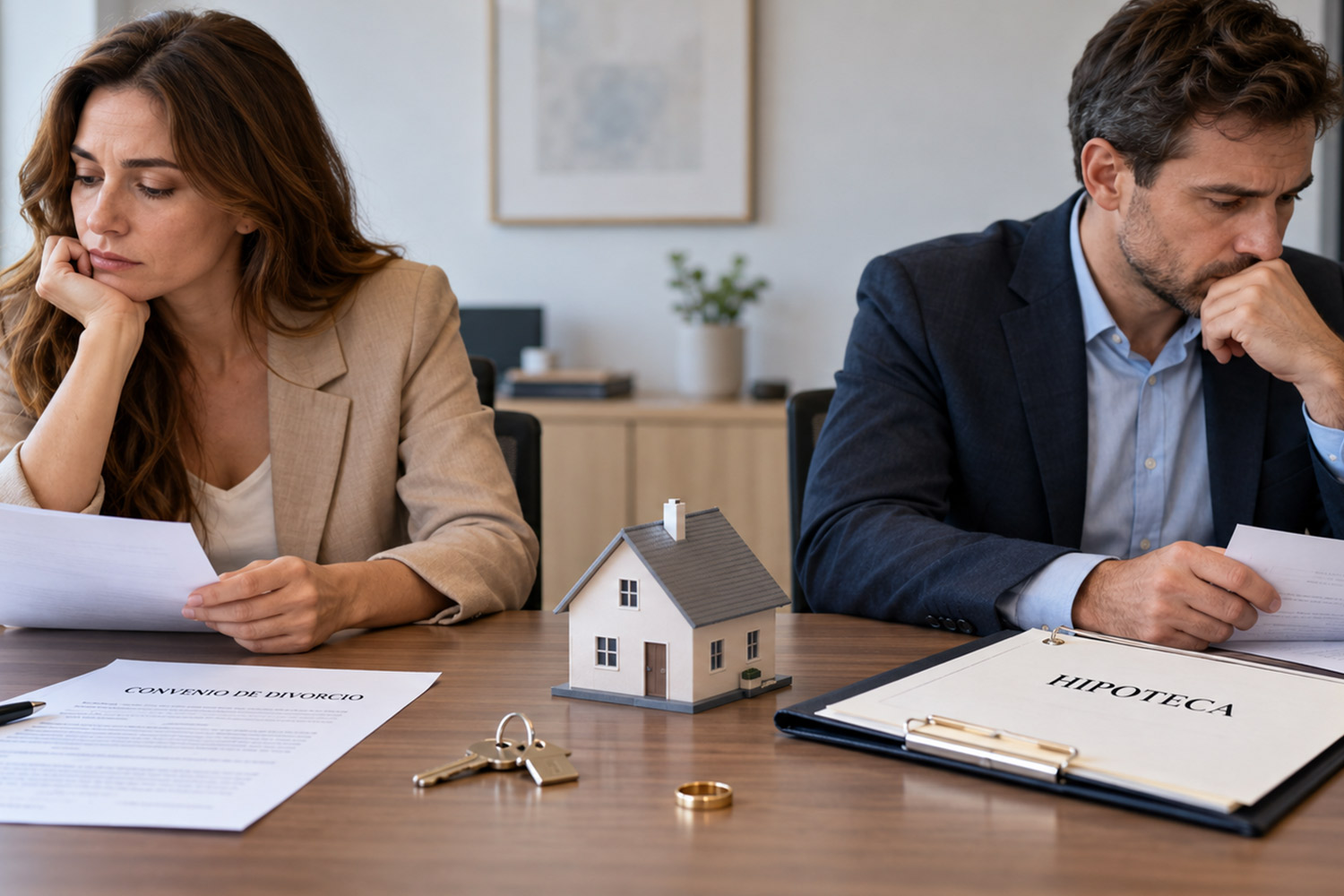 Pareja en proceso de divorcio revisando la hipoteca de su vivienda y los documentos de separación.